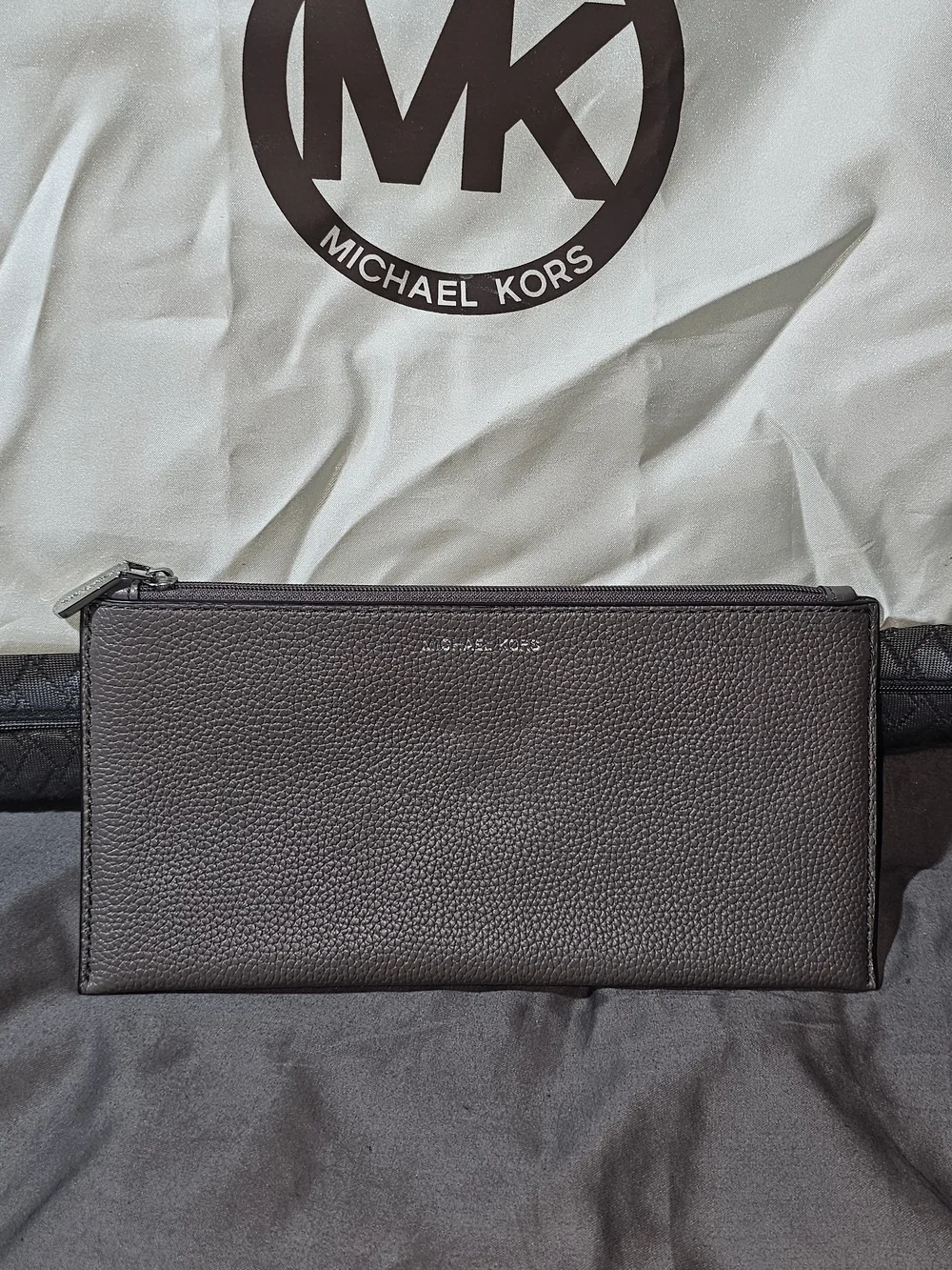 Authentic Michael Kors Women's Pebbled Leather Long Slim Wallet in Gray